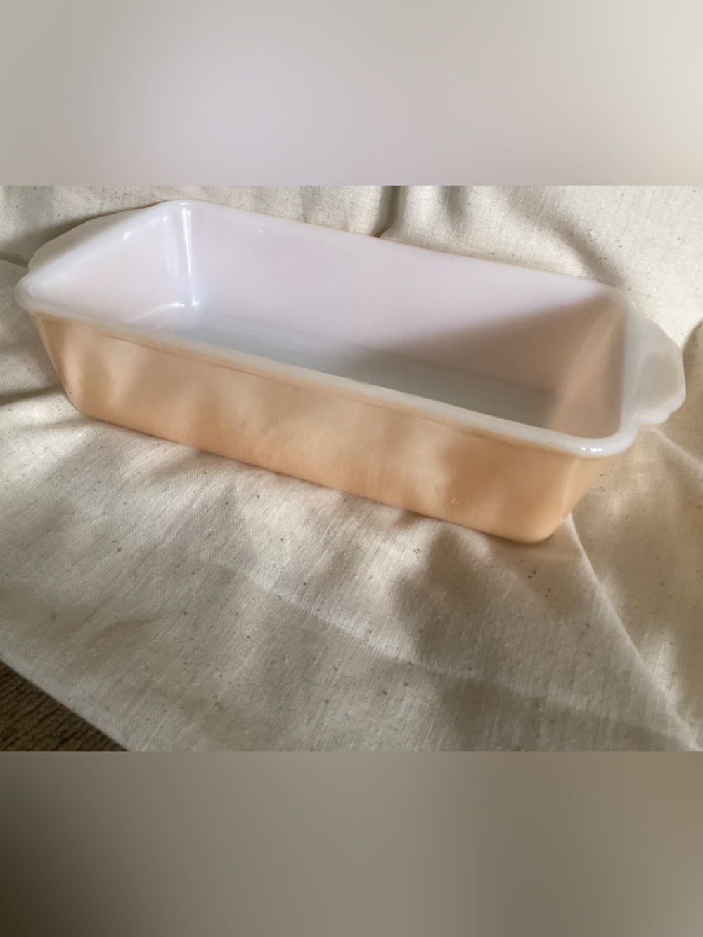 Fire King Peach Luster Loaf Pan/Dish milk Glass 9”X5”